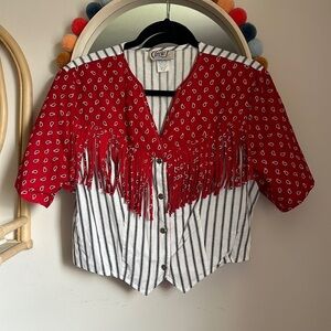 Vintage Circle T by Marilyn Lenox Western Stripe Bandana Fringe Crop Top Shirt